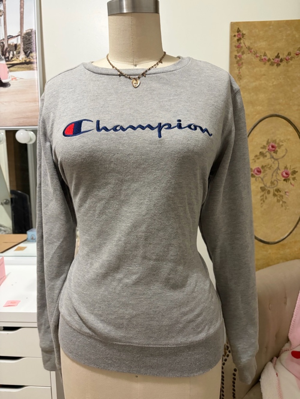 Champion Gray Crewneck Sweatshirt with Blue & Red Logo